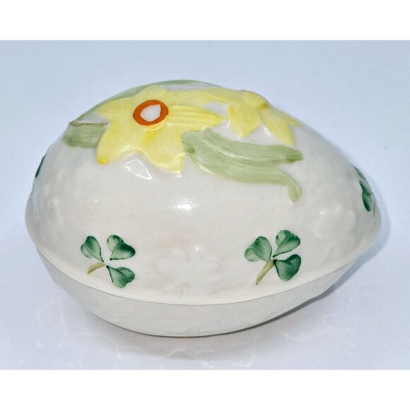 Belleek Hand-Painted Ceramic Egg-Shaped Trinket Box Yellow Daffodils & Clover - Picture 1 of 7